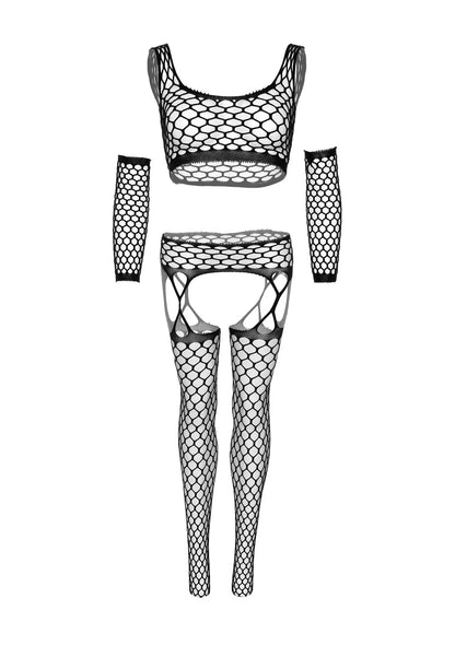 LEG AVENUE - NET CROP TOP, GARTER STOCKINGS & GLOVES