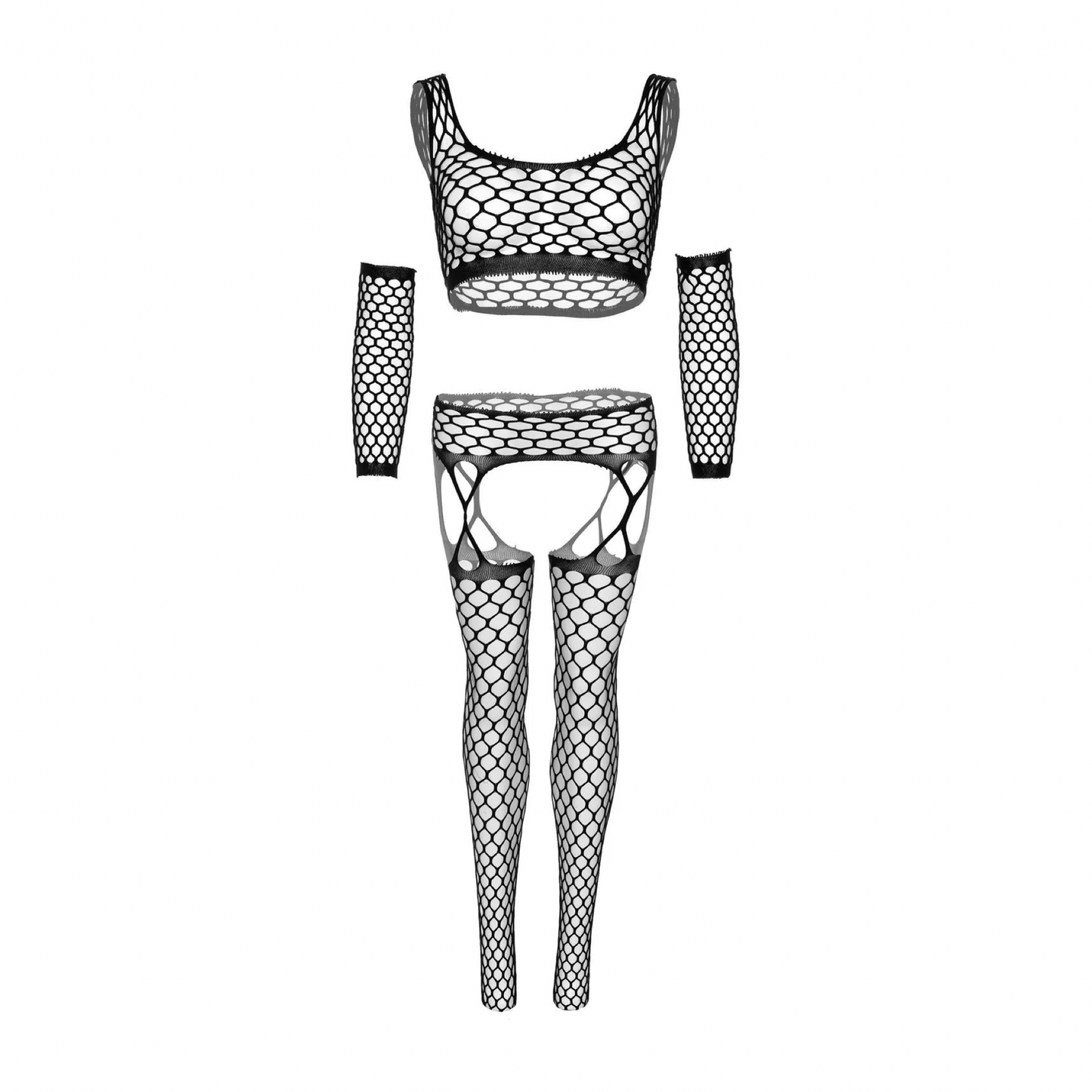 LEG AVENUE - NET CROP TOP, GARTER STOCKINGS & GLOVES