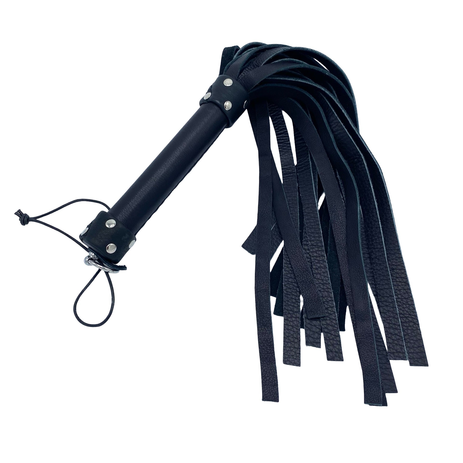 Sort Clavus flogger fra McHurt i ultrablødt anilinlæder til BDSM-leg, opvarmning og aftercare.