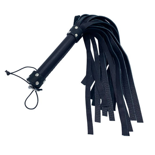 Sort Clavus flogger fra McHurt i ultrablødt anilinlæder til BDSM-leg, opvarmning og aftercare.