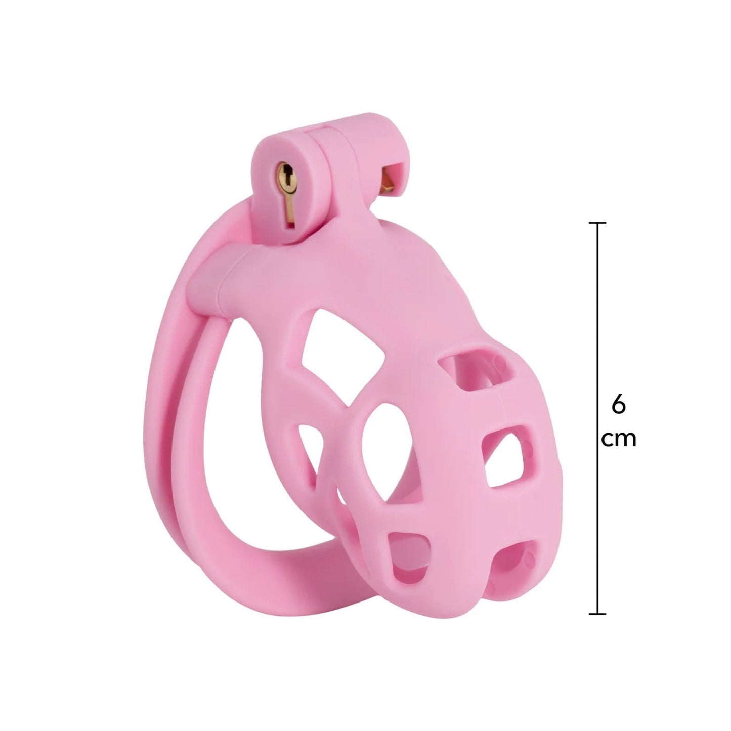 Det korte lyserøde Hidden Desire penisbur set fra siden med en længdeangivelse på 6 cm fra bunden til spidsen af buret.